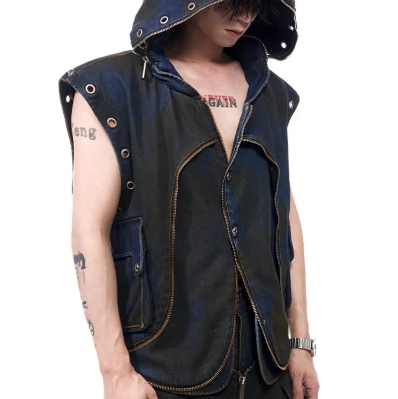 Blue Korean-style hooded denim vest coat and matching trousers two-piece set