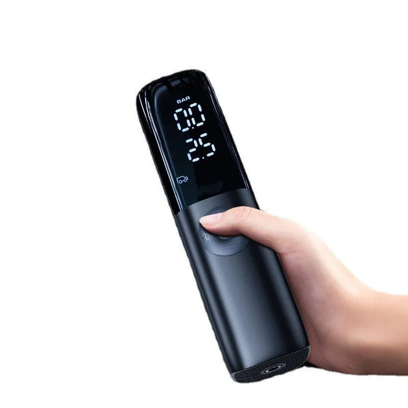 Black portable electric vehicle air pump with integrated tyre pressure gauge and ABS inflation tube
