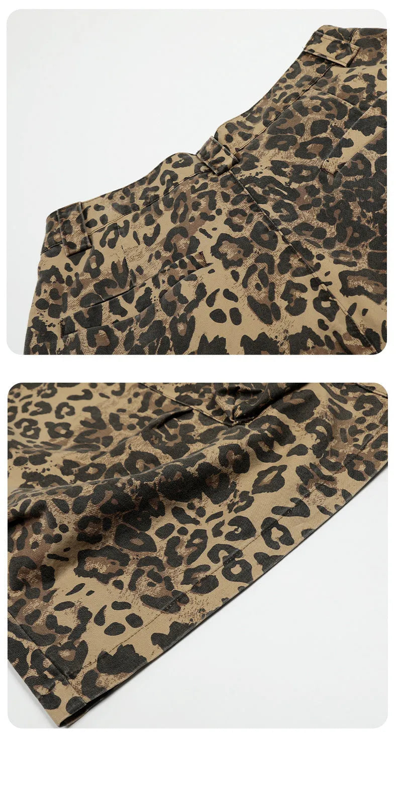 Leopard print women's trousers with high waist, button fly, and cropped straight-leg design