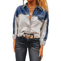 Women's blue denim coat with multi-buckle front closure and loose fit design