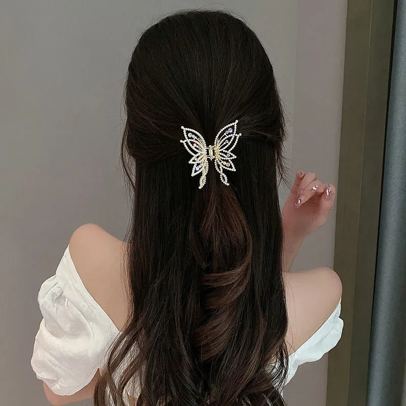 Butterfly hair clip for women in alloy with rhinestone or pearl decoration