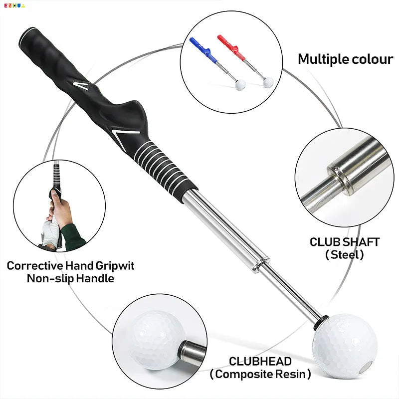 Telescopic golf swing simulator in stainless steel, shown in black, blue, and red colour options.