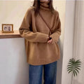 Women's loose fit turtleneck sweater with thick curling pile collar in mesh polyester fabric