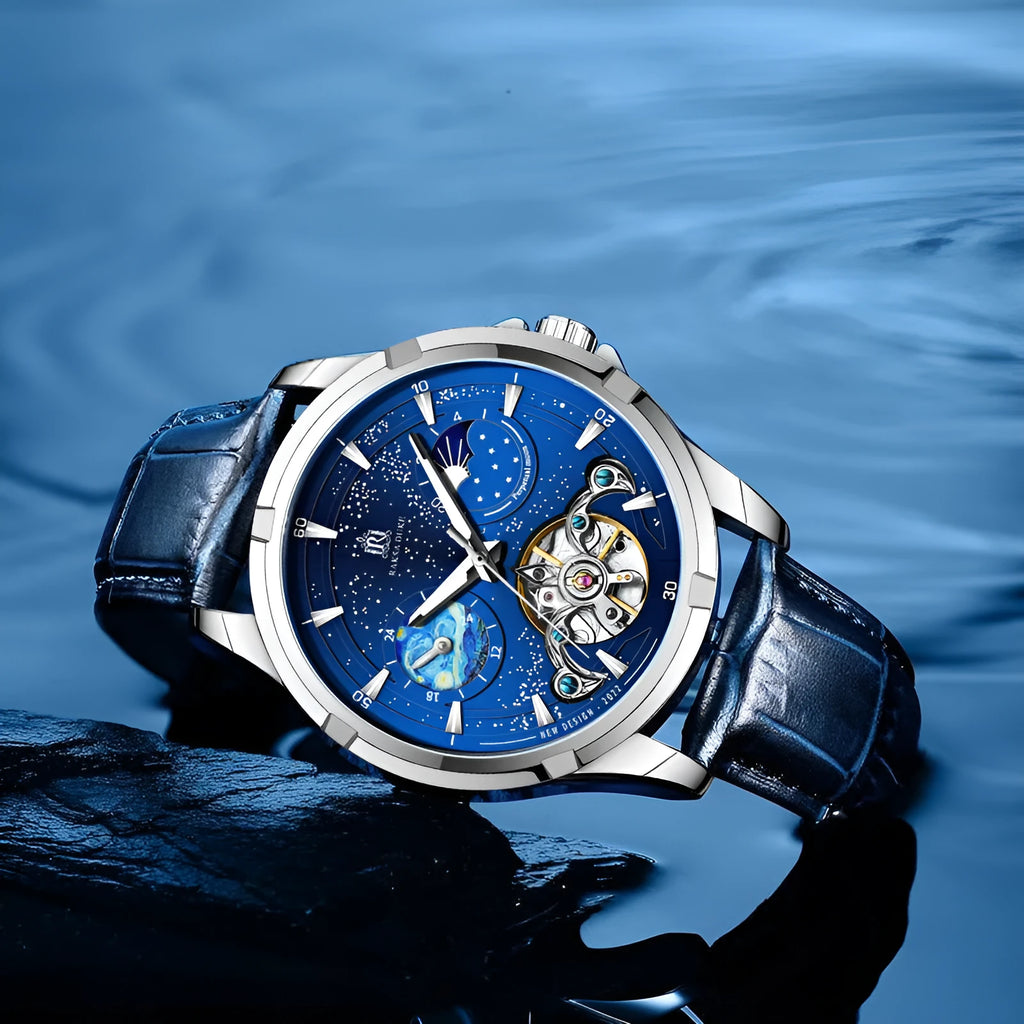Men's blue dial automatic mechanical watch with stainless steel case, side view showing 14mm thickness.