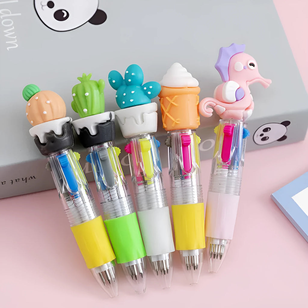 Cute cartoon four-colour press ballpoint pen with random design theme and 0.7mm tip.