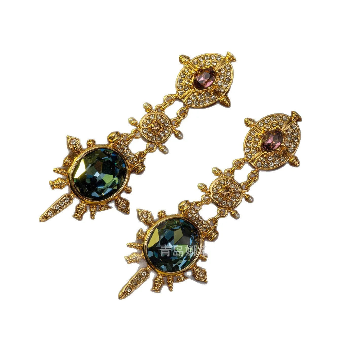 Pair of geometric gold retro stud earrings with diamond treatment surface