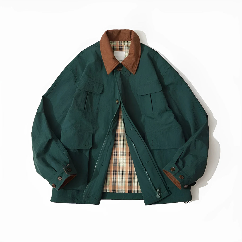 Green casual jacket with contrast trim and side seam pockets on a hanger