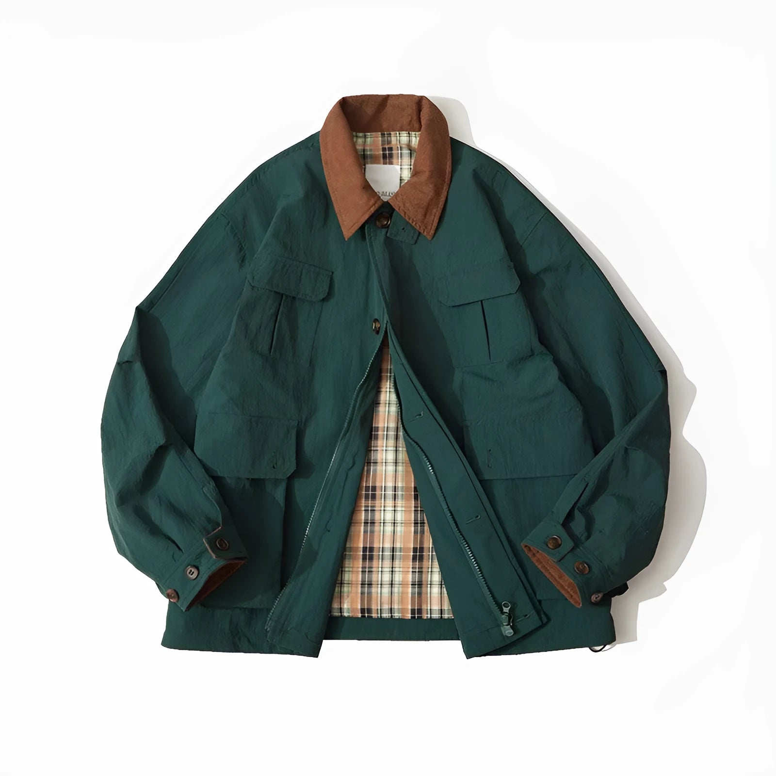 Green casual jacket with contrast trim and side seam pockets on a hanger