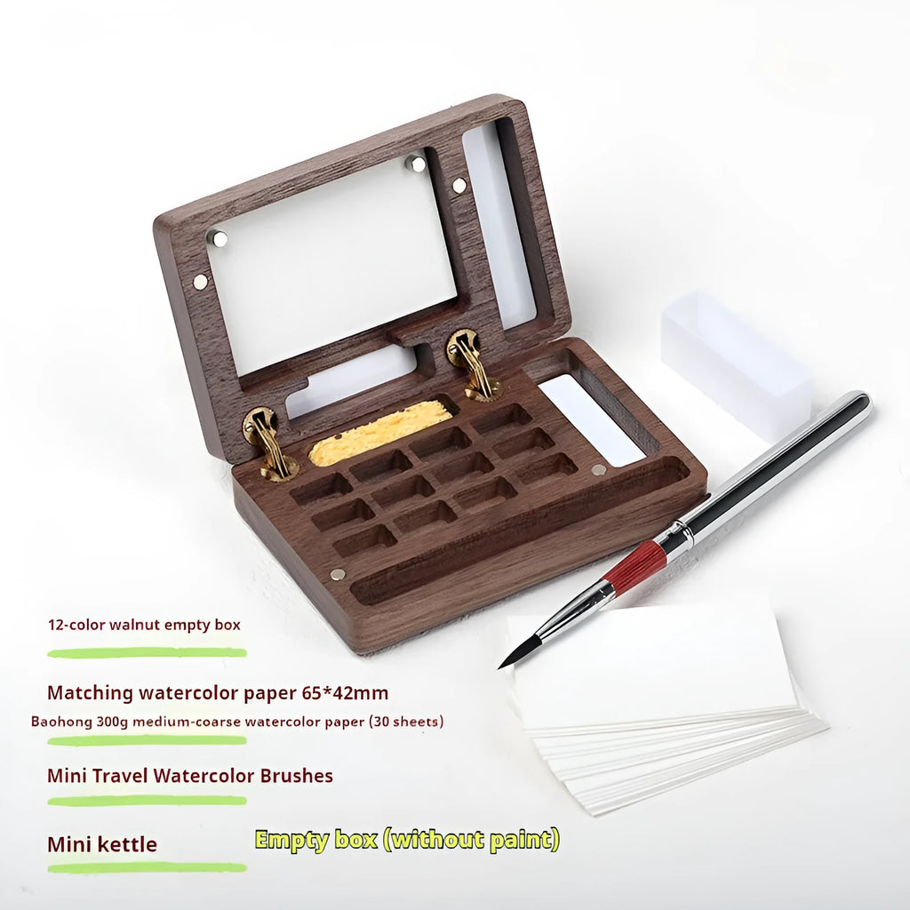 Mini wooden watercolour paint box with walnut finish, showing closed lid.