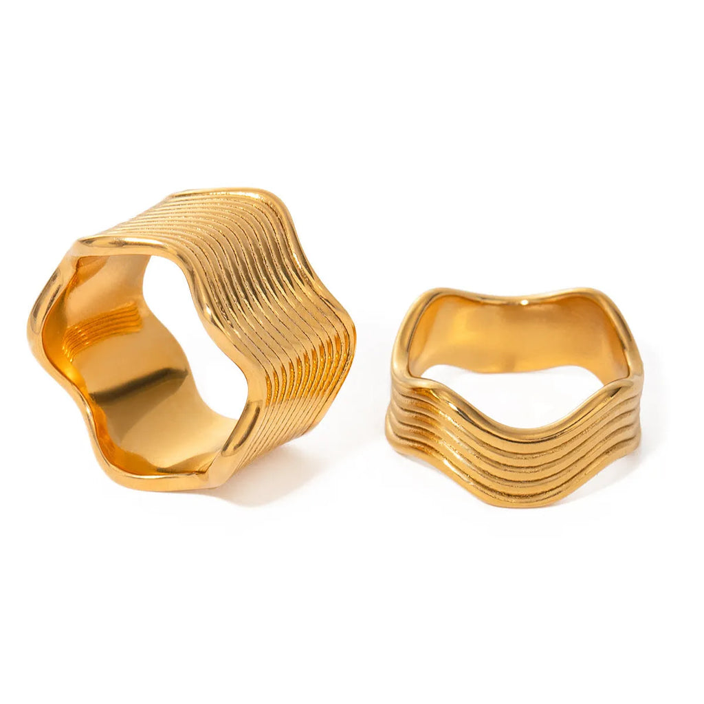 Stainless steel geometric wave pattern ring with wide surface and electroplated finish