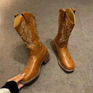 Brown women's embroidered martin boots with mid-calf length and square low heel