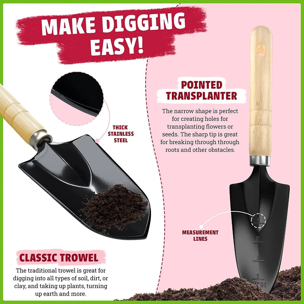 Stainless steel gardening tool set with eight pieces for garden use.