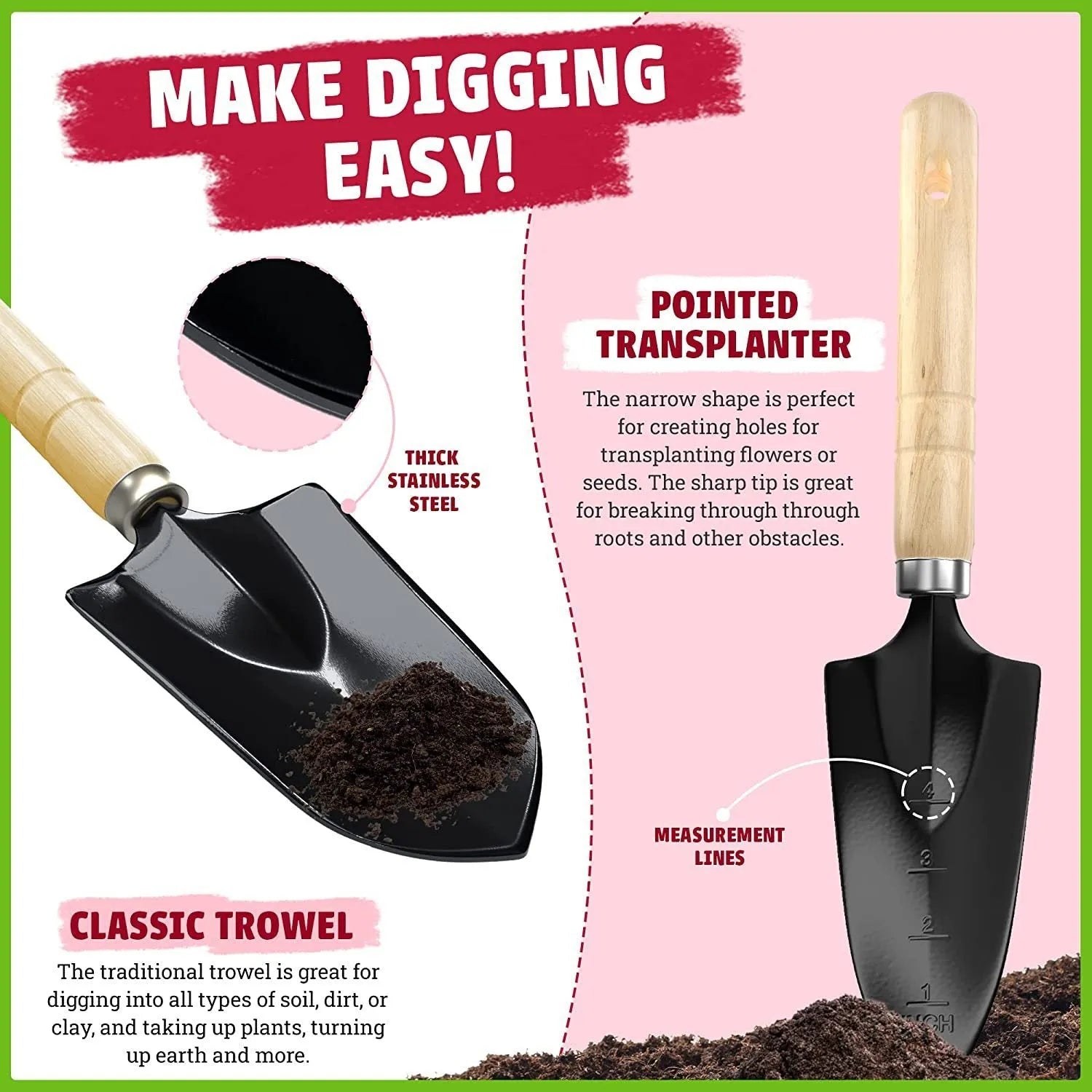 Stainless steel gardening tool set with eight pieces for garden use.