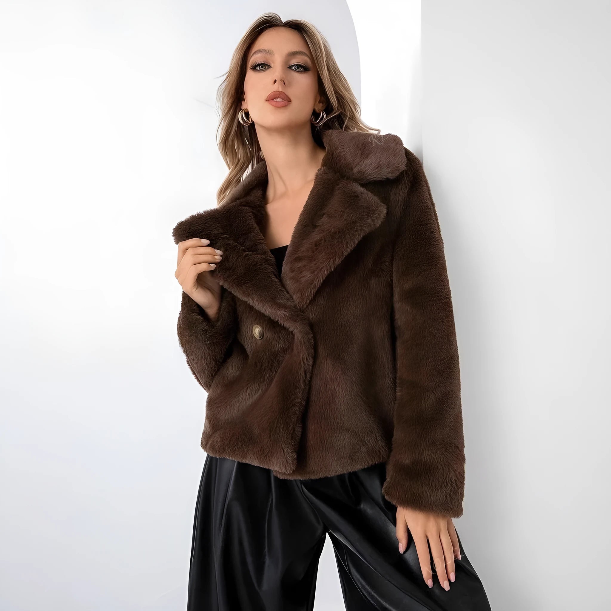 Women's short loose faux fur coat in rose red, shown on a model.
