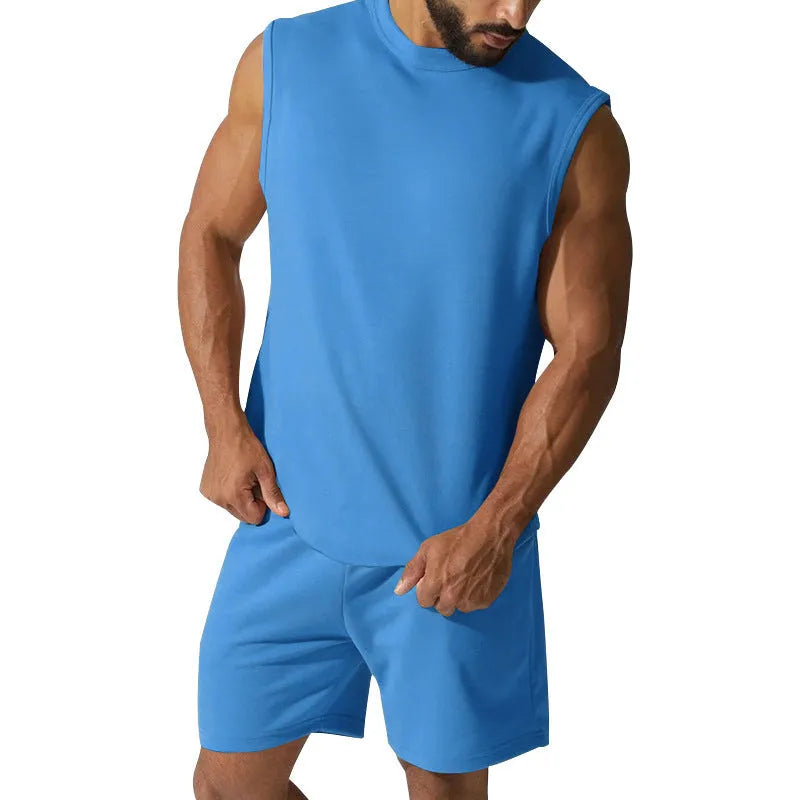 Men's sleeveless cotton blend sports top and matching casual shorts set in army green.