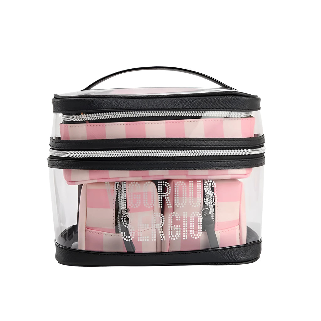Pink bold stripes floral pattern waterproof synthetic leather buggy makeup bag folded open