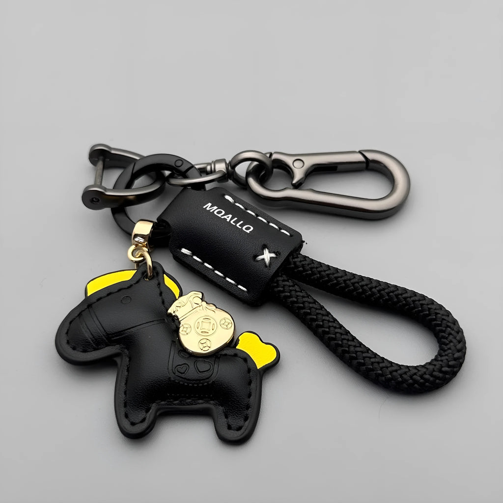 Handmade cowhide leather key ring pendant with zinc alloy pony buckle and coloured flanelle rope.