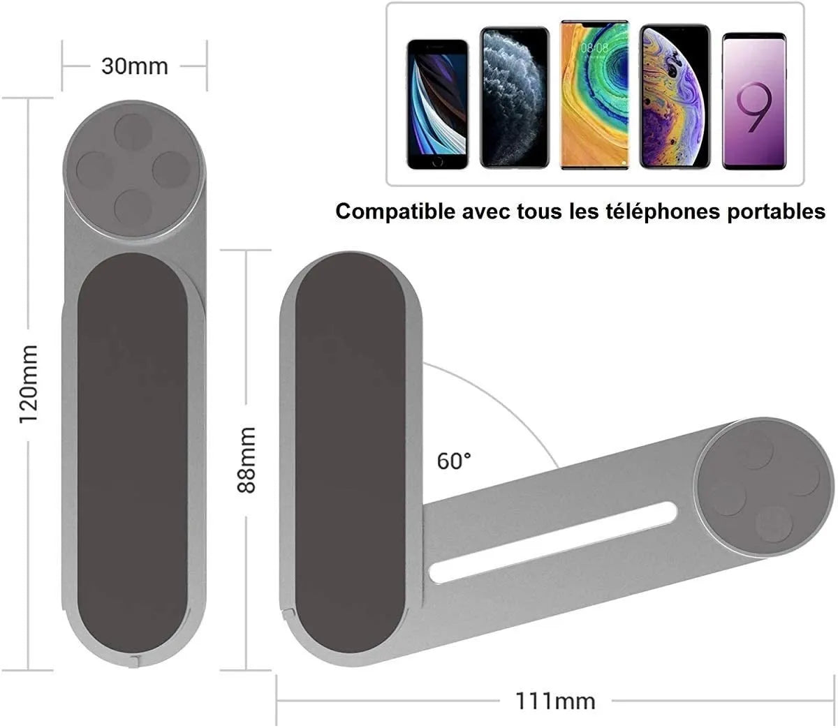 Silver aluminium laptop side mount bracket holding a smartphone beside a laptop screen.