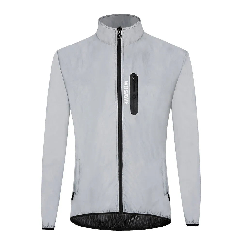 Silver waterproof polyester long sleeve windproof jacket showing size options