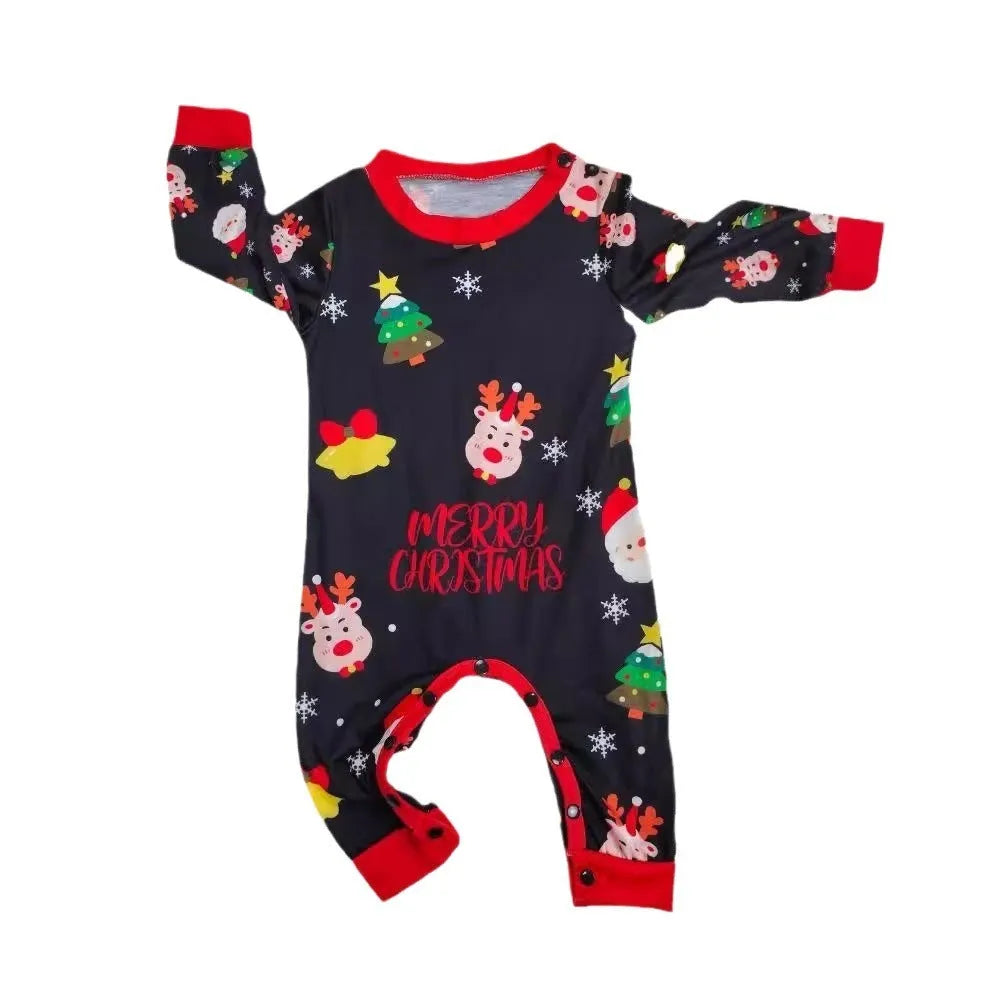Family matching Christmas pajamas set in plaid and cartoon prints, showing adult, child, and dog sizes.