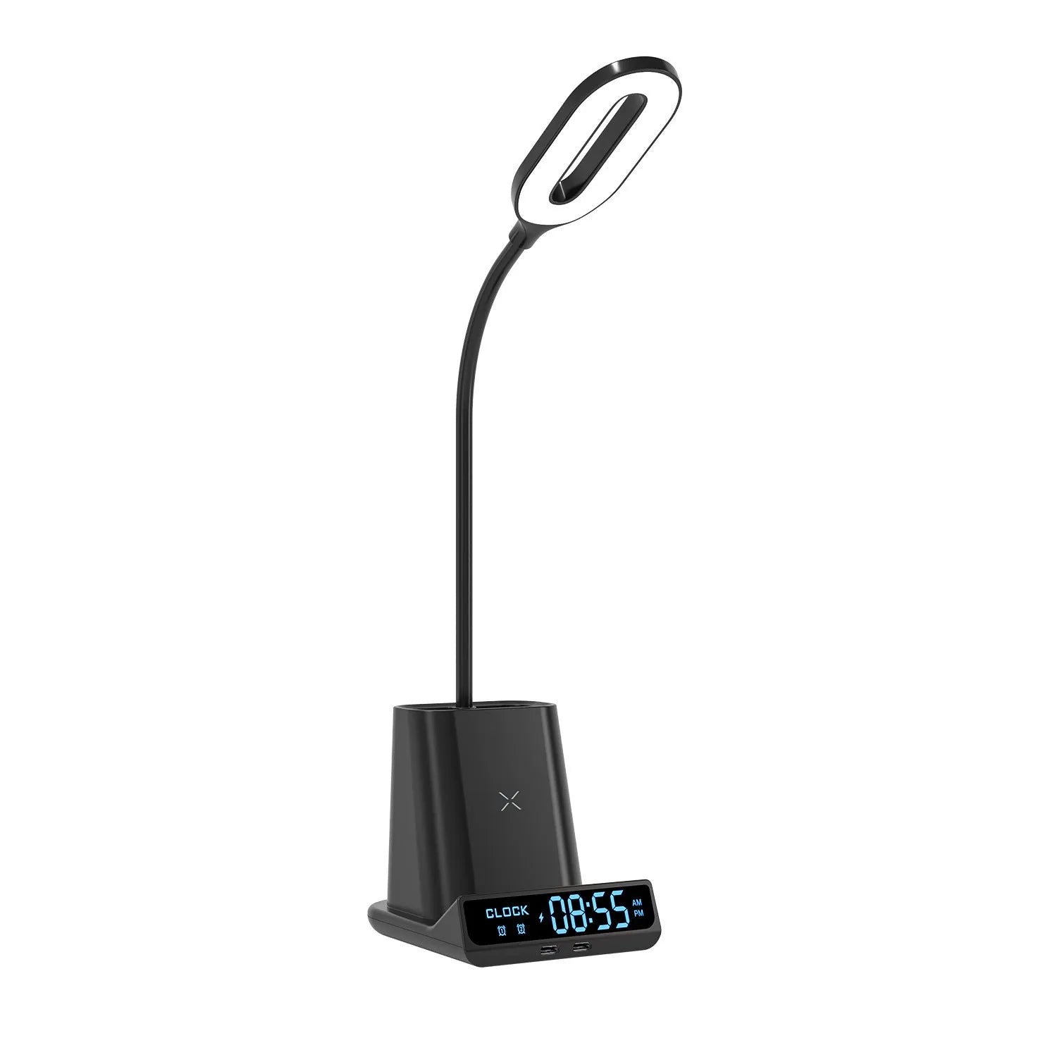 Black wireless charging desk lamp with pen holder and storage compartments