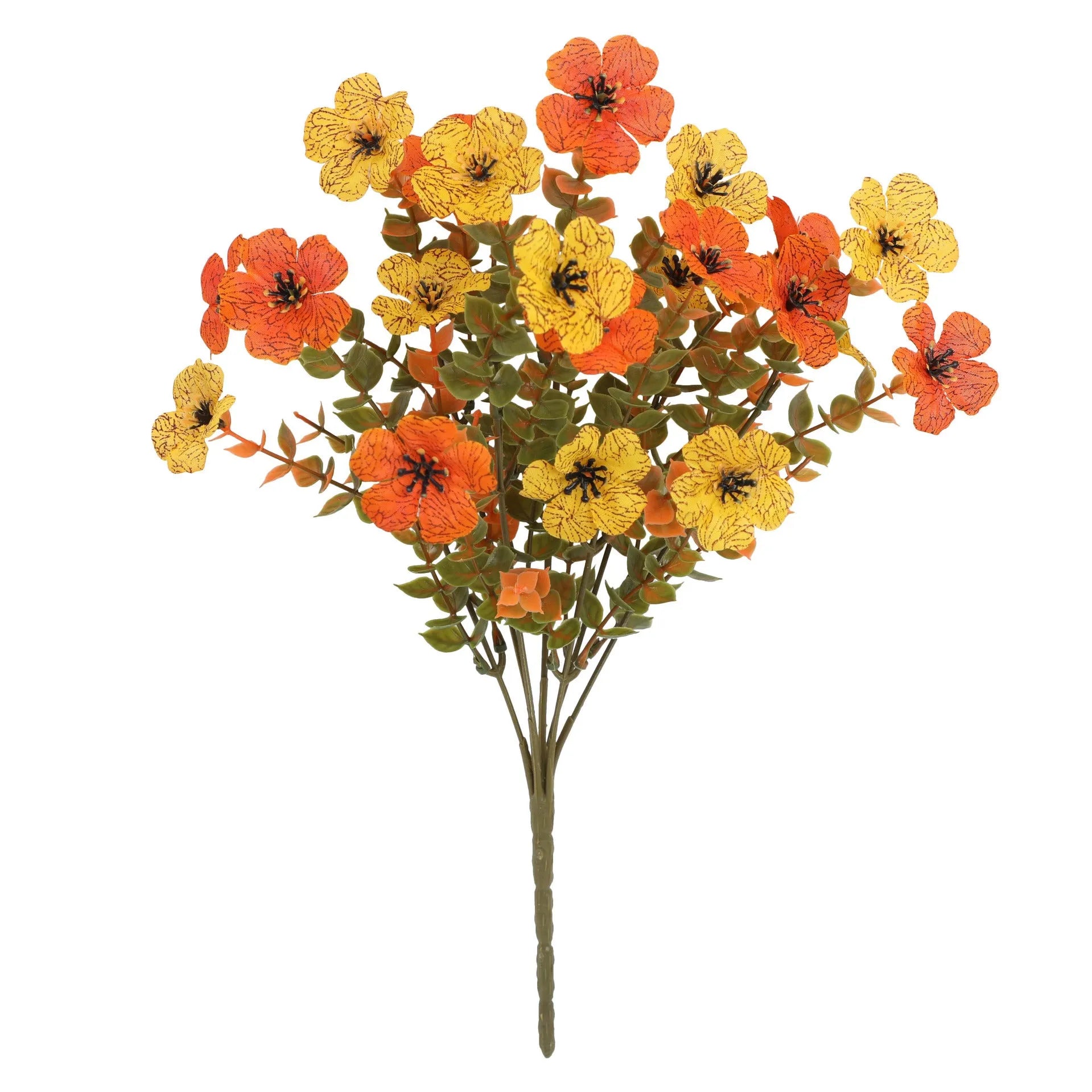 Artificial flower bouquet in autumn colours of red, yellow, orange, and orange yellow for home decoration