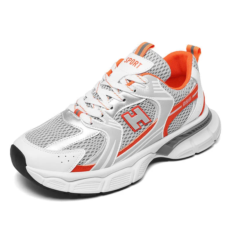 Men's mesh casual running shoes in black, grey, or orange with rounded toe and plastic sole