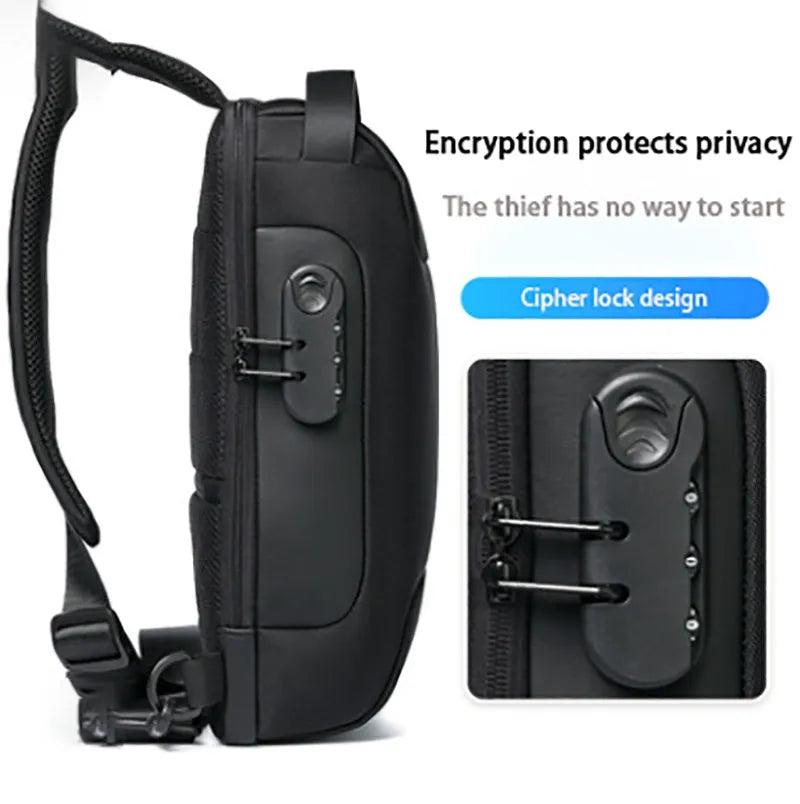 Men's black Oxford cloth crossbody bag showing front zipper and shoulder strap, with internal phone and laptop pockets visible.