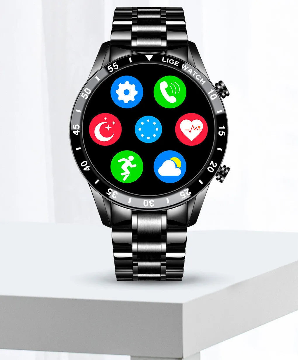 Smart watch with stainless steel wristband and 1.3 inch touch screen display in black or silver colour