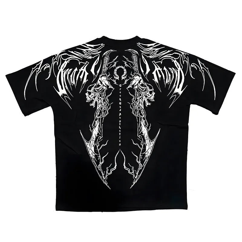 Dark style loose fit plus size cotton short sleeve T-shirt with gilding craft detail on a mannequin.