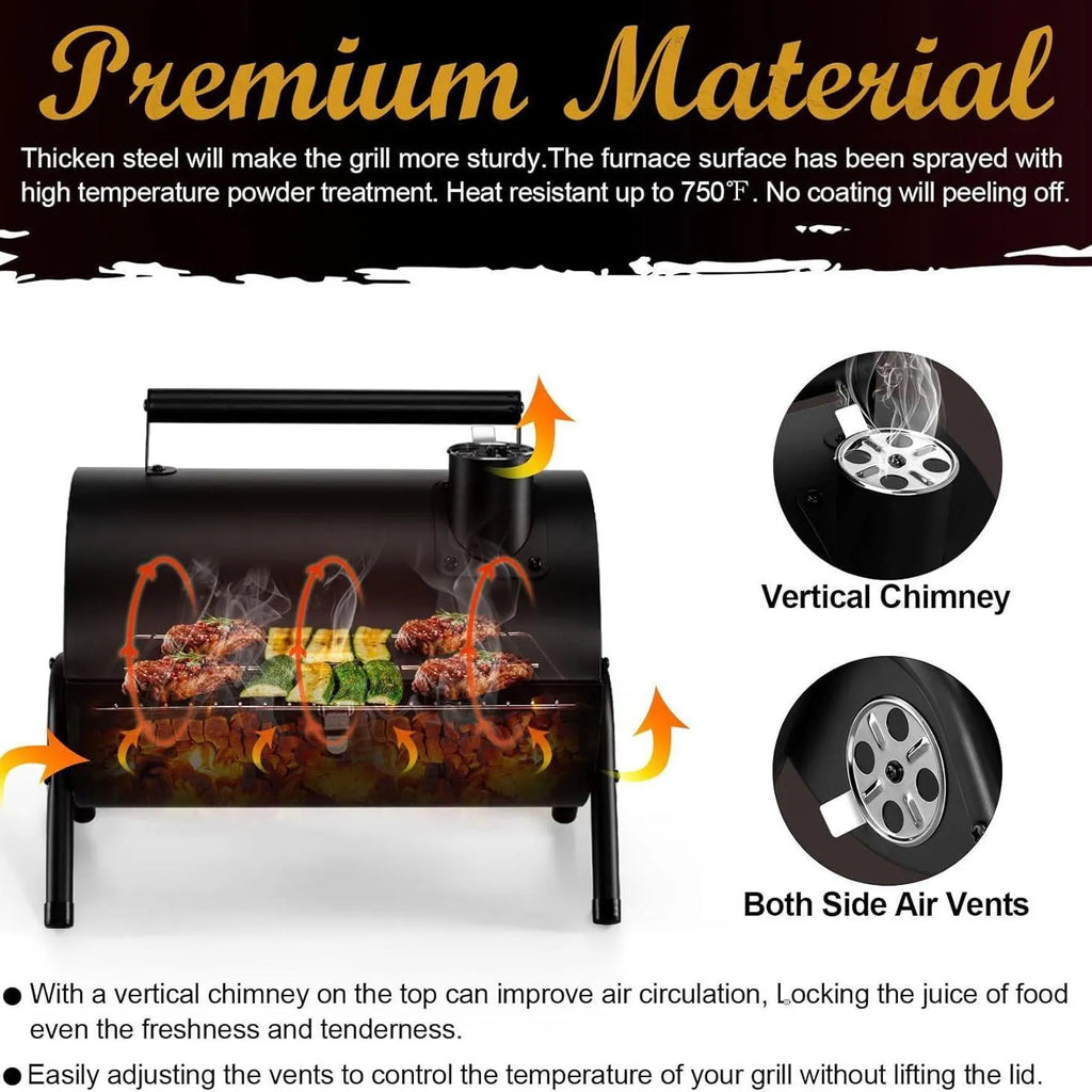 Small folding desktop charcoal barbecue smoking device with grill accessory