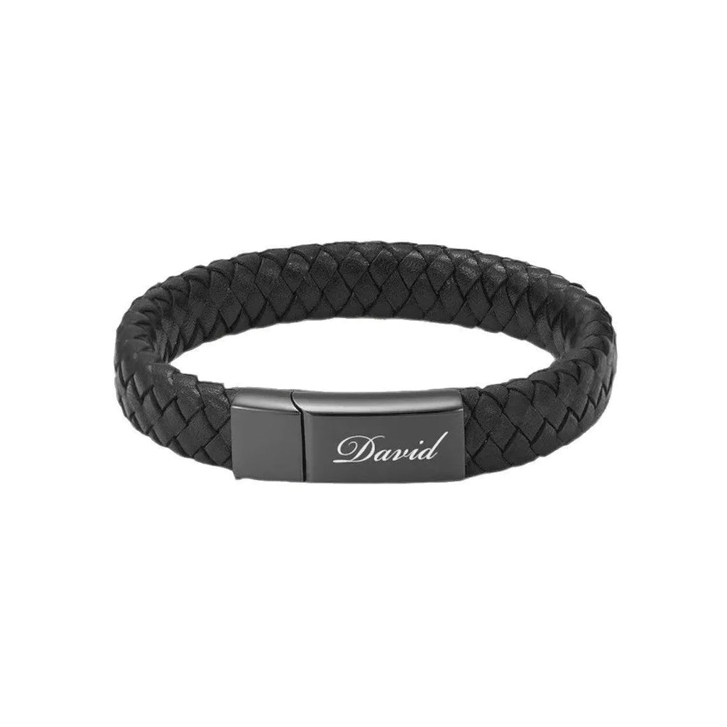 Black leather and stainless steel cinerary bracelet with weaving construction for travel commemoration
