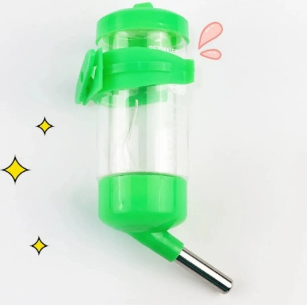 Green ball kettle pet water bottle with drinking tube attached to a small animal cage.
