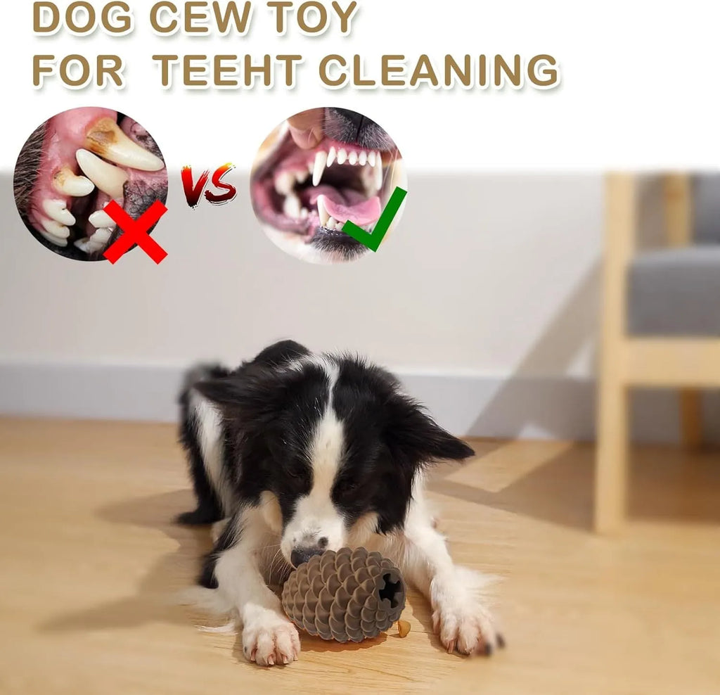 Yellow pine cone shaped dog chew toy with treat dispenser on textured surface