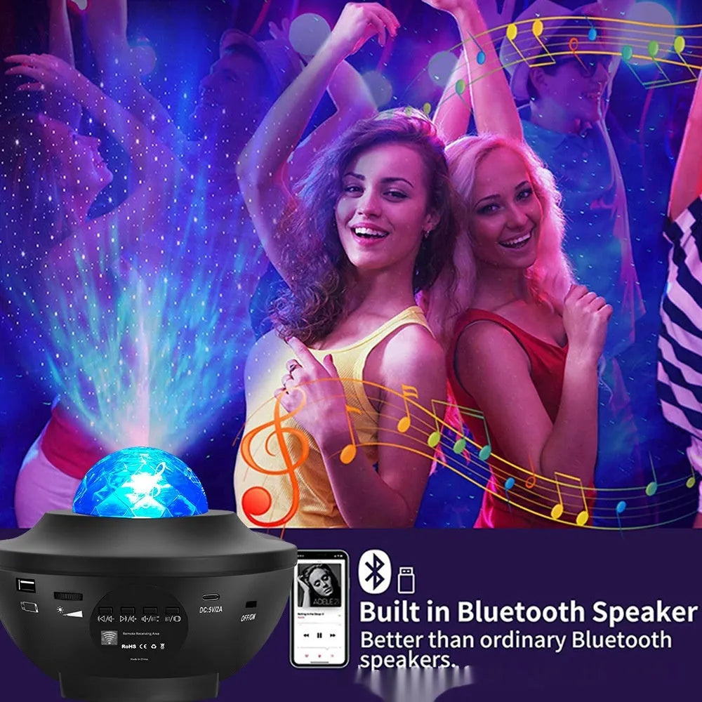 Black parallel style starry sky projection lamp with USB cable and remote control on desktop