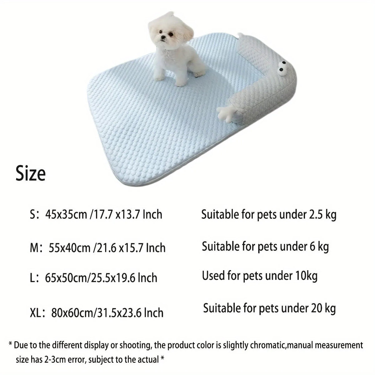 Blue and yellow pet bed cushion with big-eyed monster design on a non-slip base for dogs and cats.