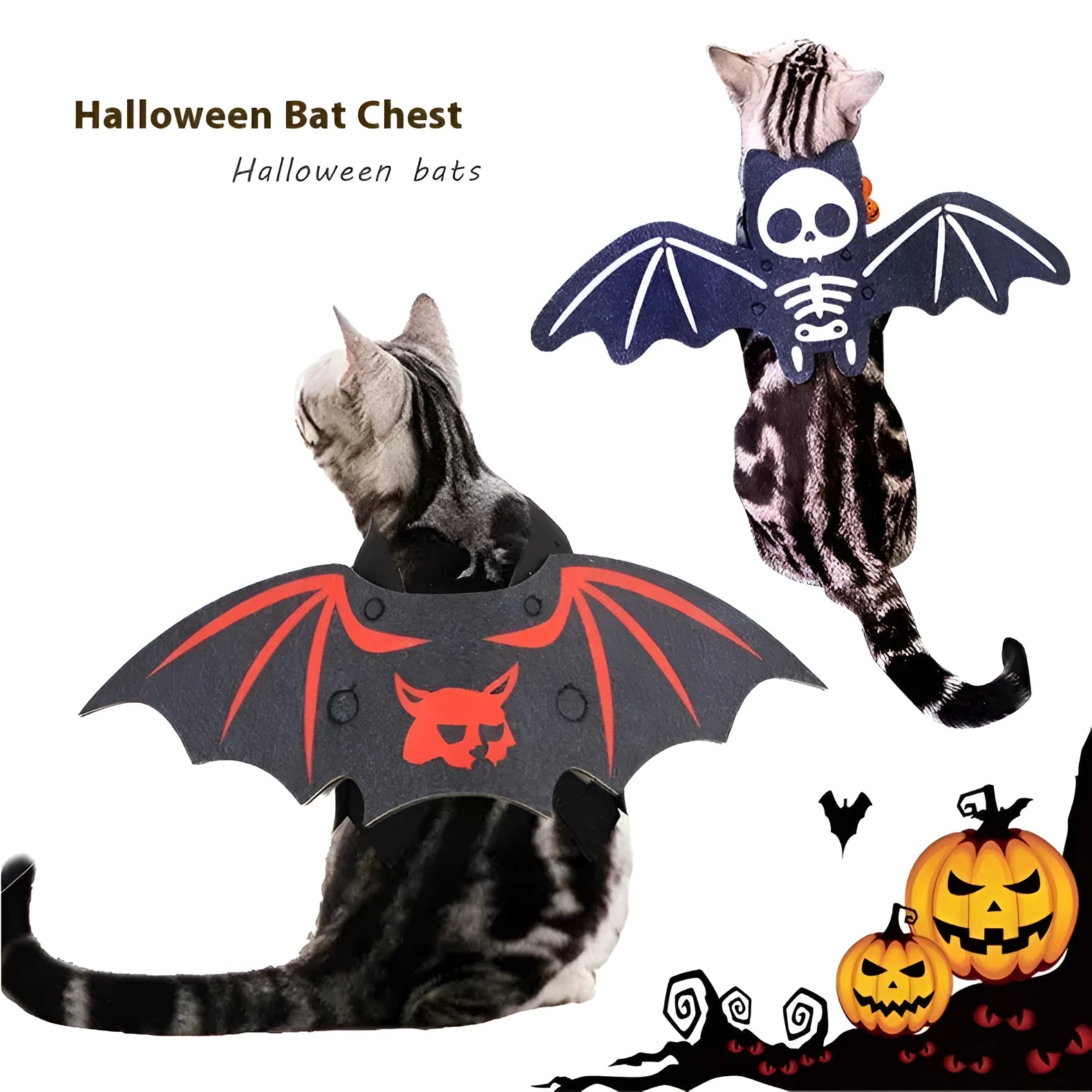 Halloween cat costume with bat wings in orange, red, or white felt material