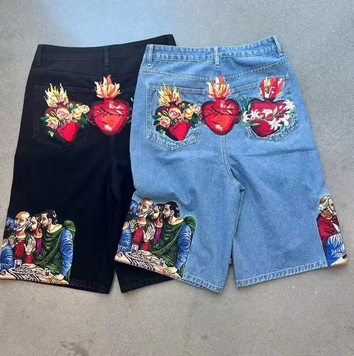 Men's blue cotton tapered shorts with Jesus printed design on back pocket