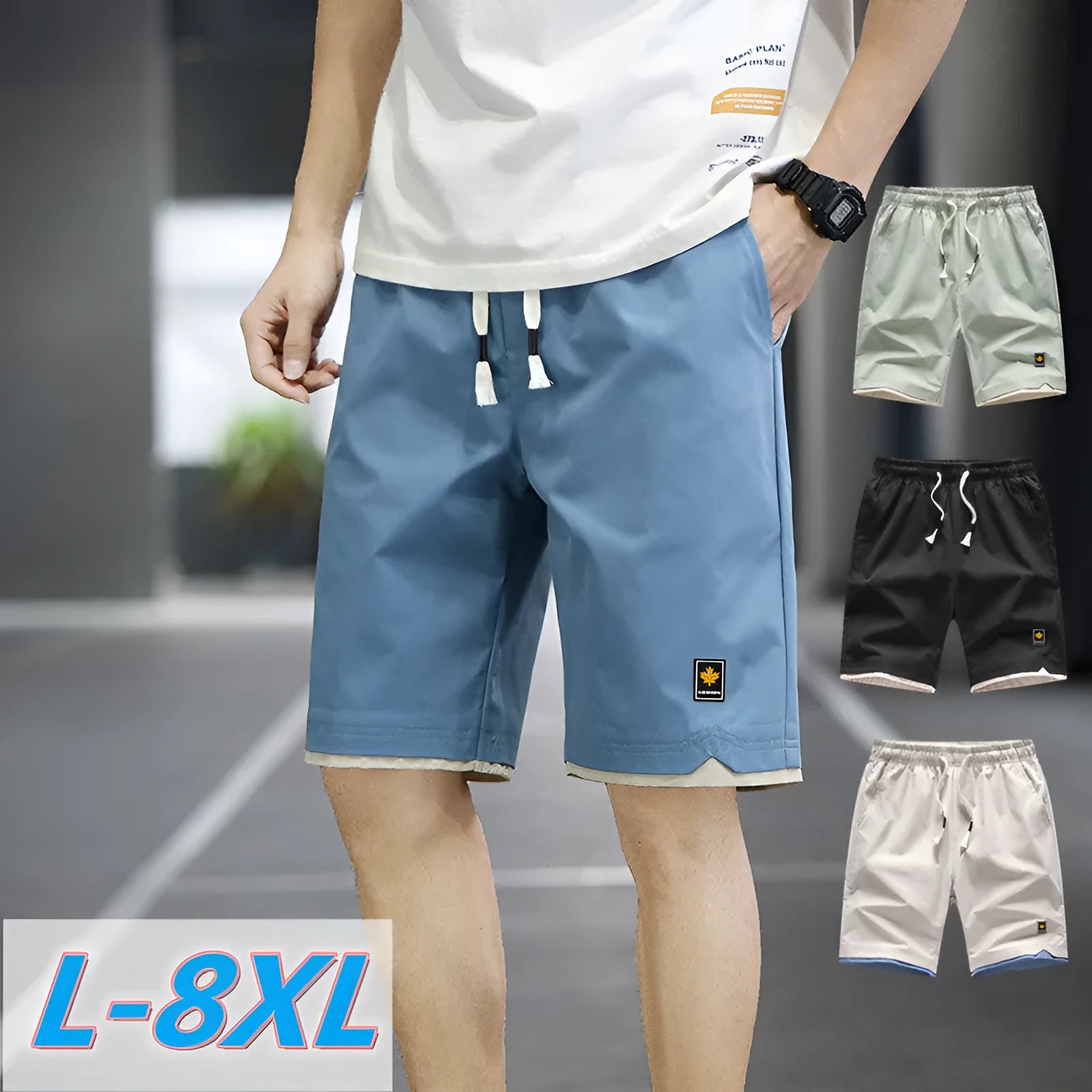 Man's loose-fit casual shorts in South Korea style, shown in a green colour, with a straight cut and elasticated waist.