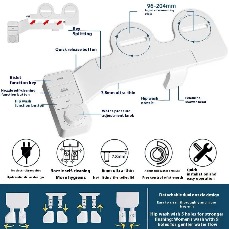 KB06 pure white button-operated wash tool with removable nozzle and regional plumbing fittings