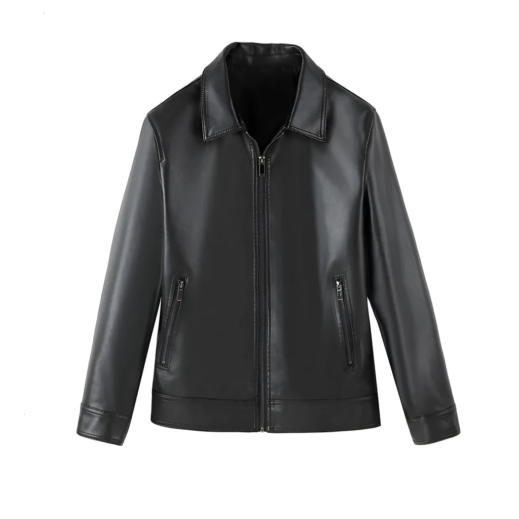Men's black PU leather casual jacket with zip-up front and zipper pockets