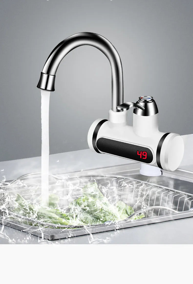 White electric water heater tap with digital temperature display showing instant hot water capability