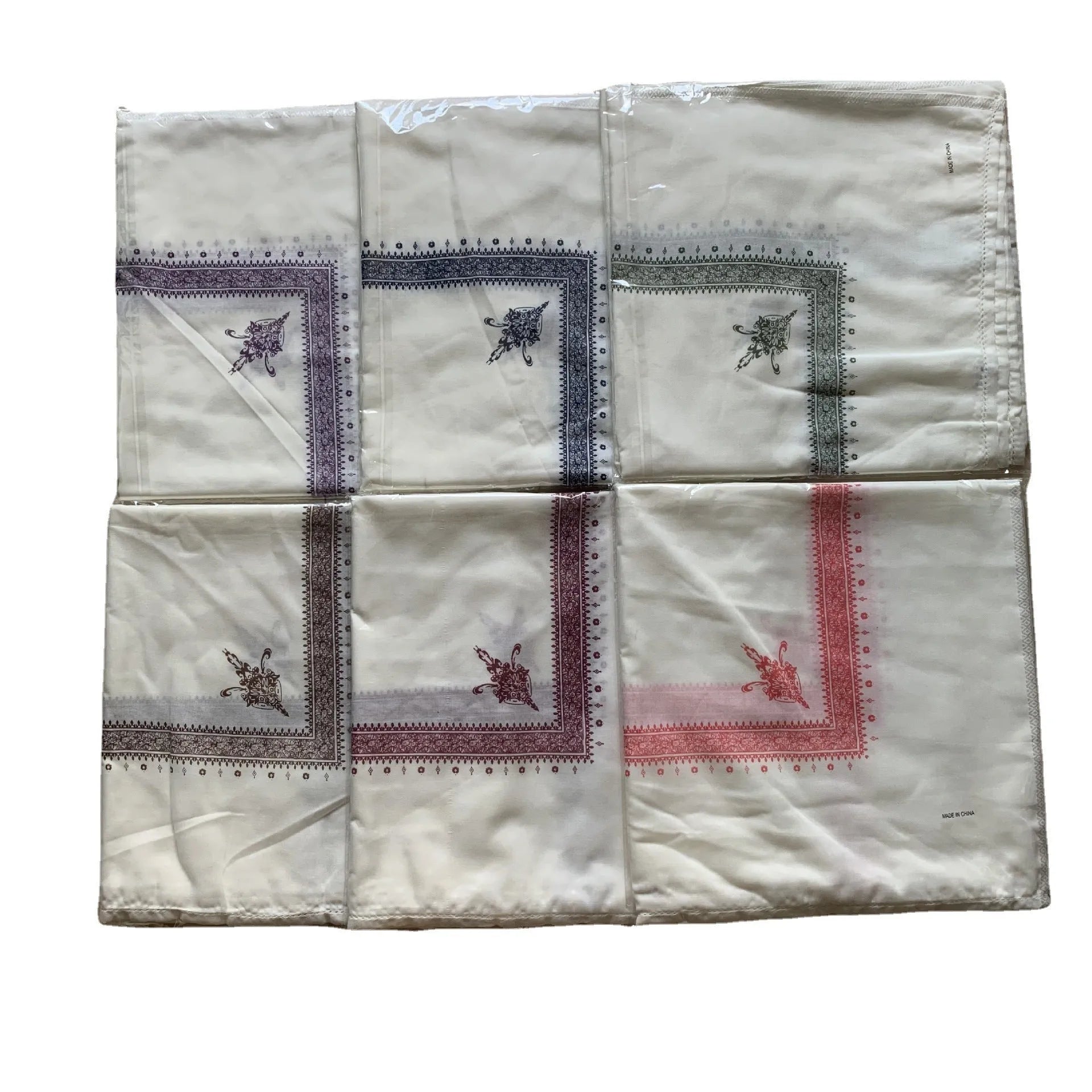 Printed square polyester scarf showing 138cm x 138cm dimensions with solid colour options