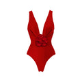 Red women's V-neck halter swimsuit with detachable skirt, open back design