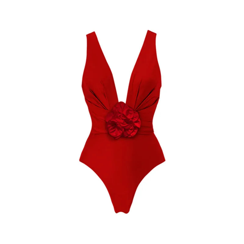 Red women's V-neck halter swimsuit with detachable skirt, open back design