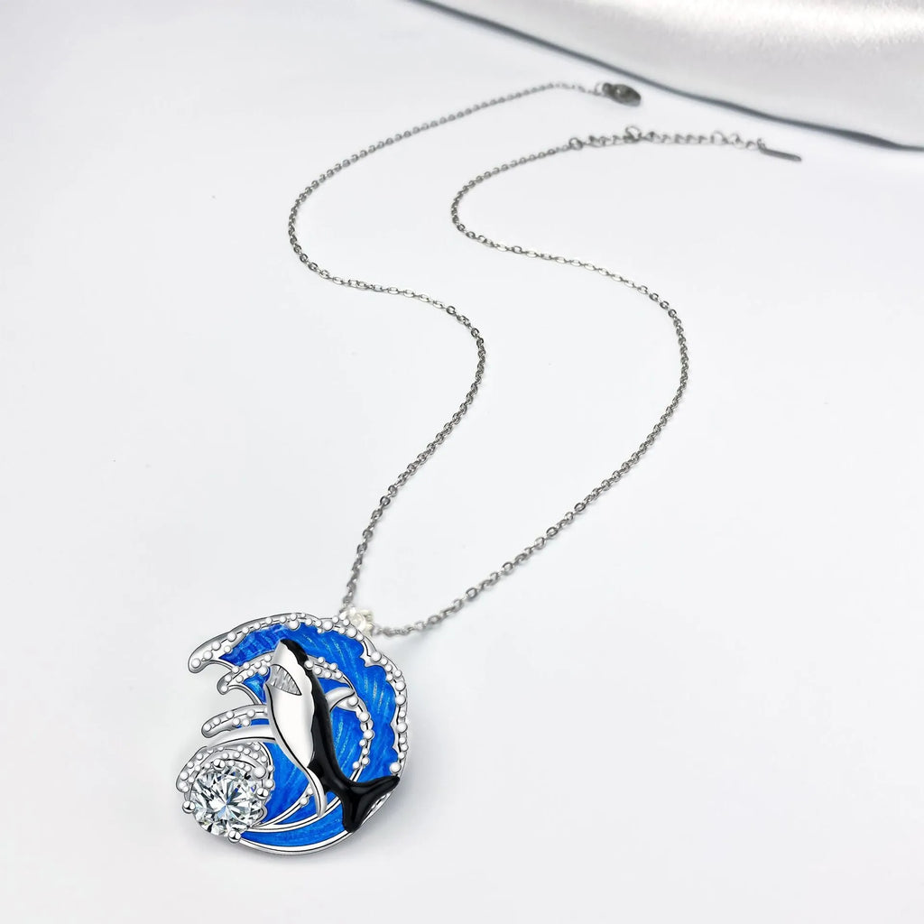 HAILANG women's silver-tone shark pendant necklace on an adjustable cross chain.
