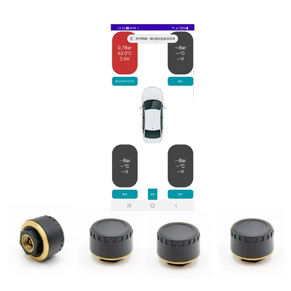 Bluetooth car tyre pressure monitoring system with four waterproof sensors for mobile phone display