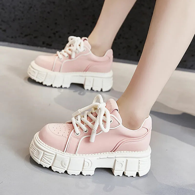 Women's beige and pink leather casual loafers with a muffin bottom and rubber foam sole