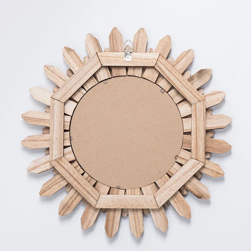 Solid wood European-style hanging mirror in baked colour on a wall