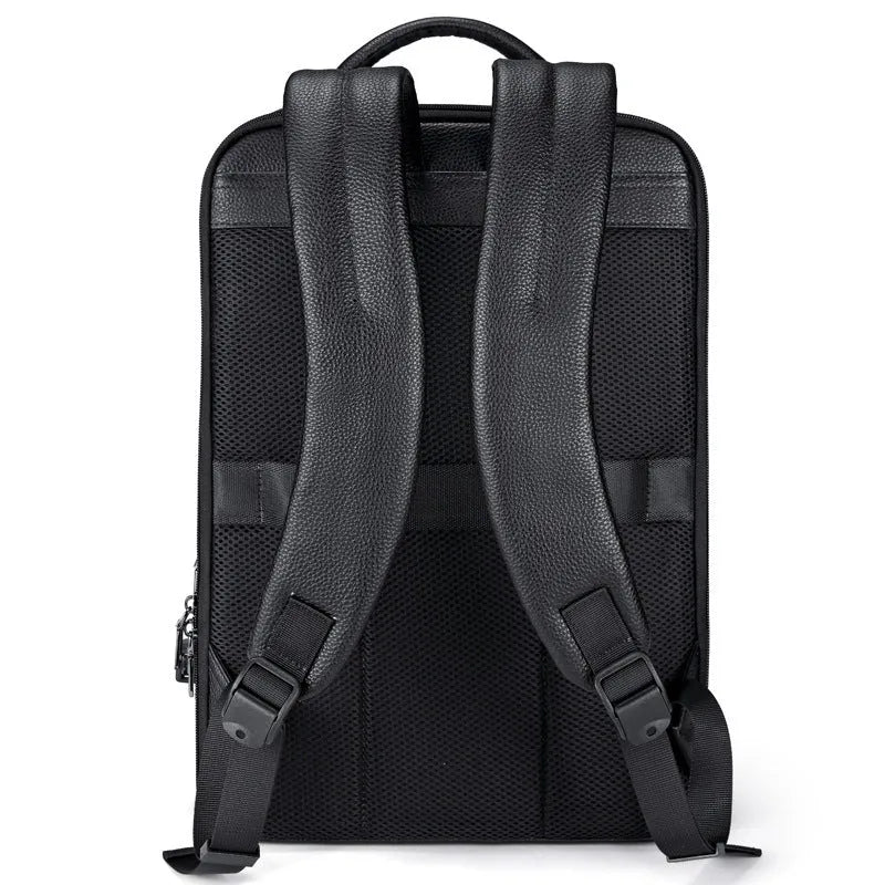 Black genuine leather men's business backpack with curved shoulder straps